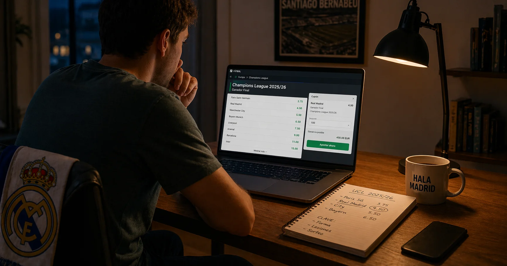 Aficionado analizando una apuesta outright de la Champions League en su portatil