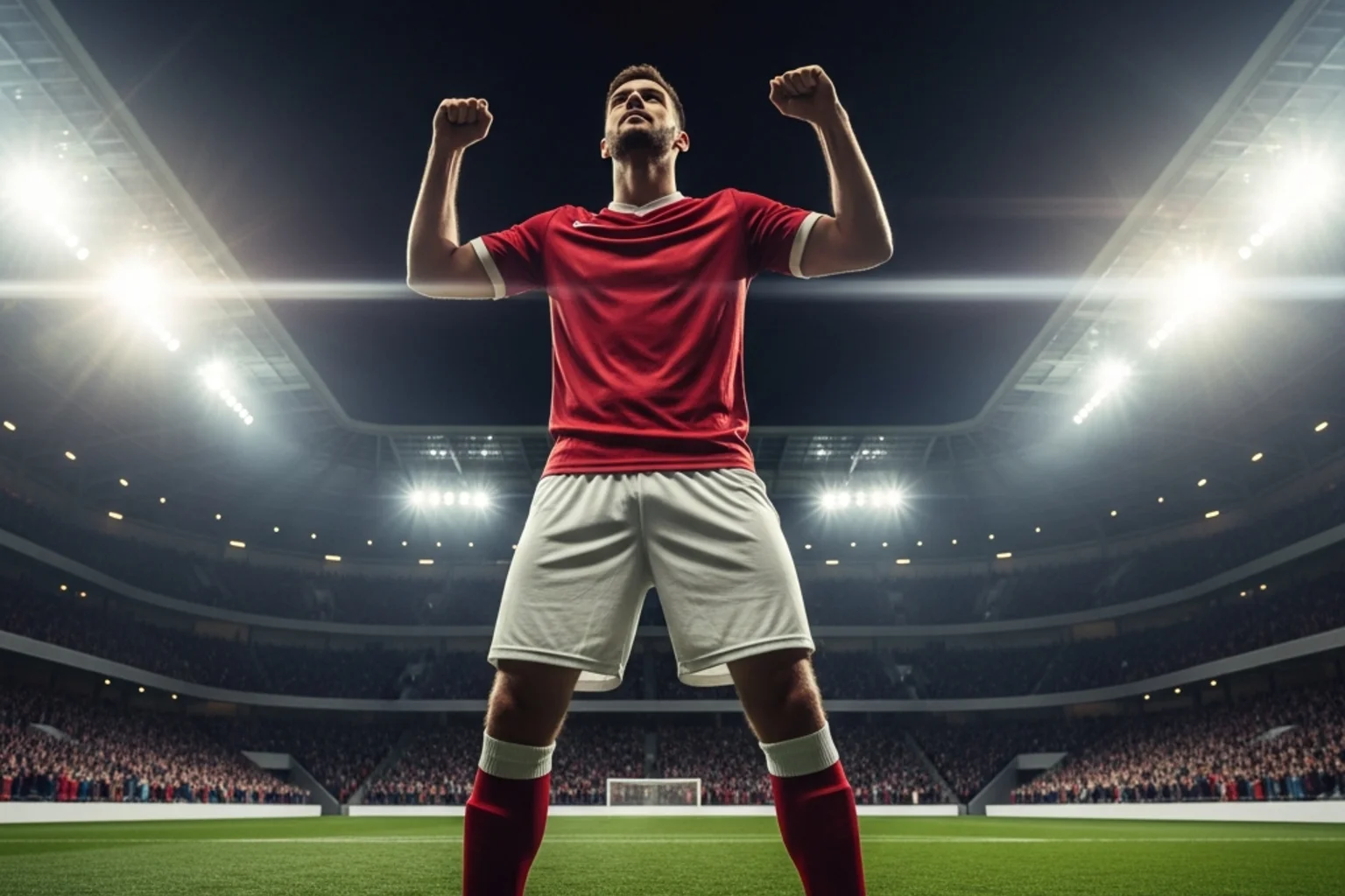 Jugador del Arsenal celebrando un gol en un estadio de futbol europeo iluminado de noche