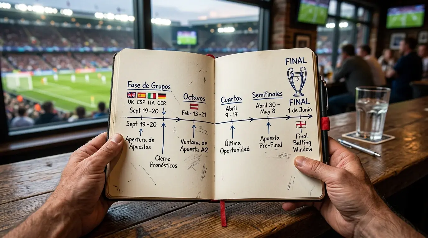 Aficionado revisando el calendario de la Champions League en un bloc de notas